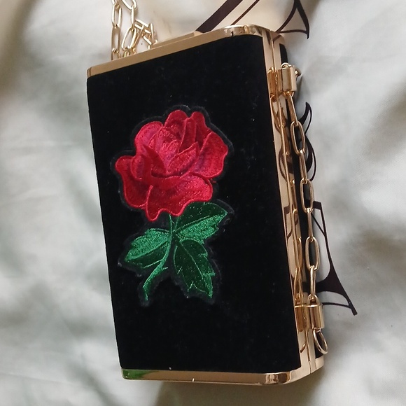 Black Velvet Clutch with Red Rose Embroidery - Picture 2 of 3